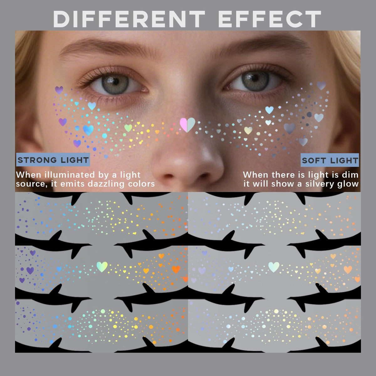 Noerrors 6pcs Glitter Freckles Face Tattoo, 3 Styles Multichrome Holographic Sparkle Face Glitter Speckles Patches, Waterproof Metallic Cute Temporary Tattoo Stickers Makeup Festival Rave Accessories