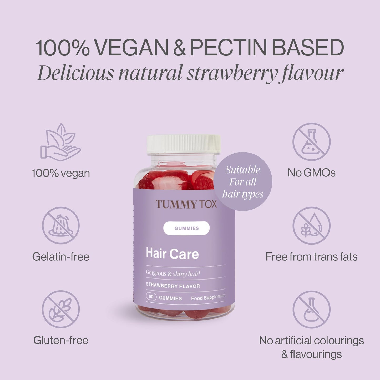 Tummy Tox Hair Care Gummies with 6000 mcg of Biotin I Powered by 9 Essential Vitamins and 3 Minerals I Strawberry Flavour I 60-Day Supply