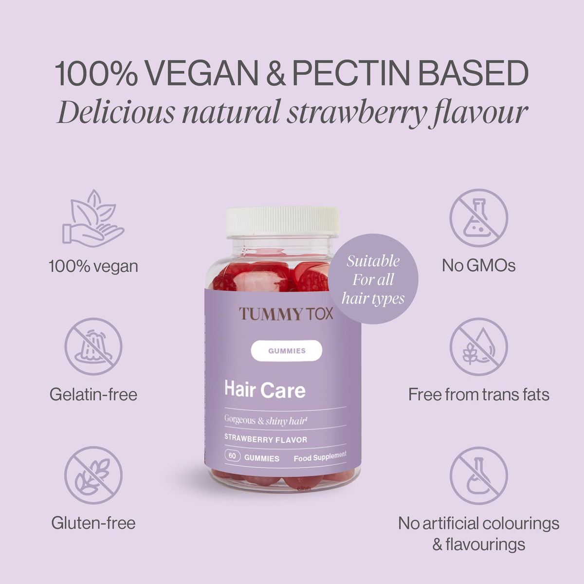Tummy Tox Hair Care Gummies with 6000 mcg of Biotin I Powered by 9 Essential Vitamins and 3 Minerals I Strawberry Flavour I 60-Day Supply