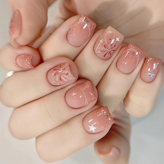 DMQ French False Nails,24PCS Short Almond Pale Pink Nails Tips,Blush Firework French Fake Nails,Acrylic Full Cover False Nails with Jelly Glue for Women Nail Art (Pale Pink, One Size)