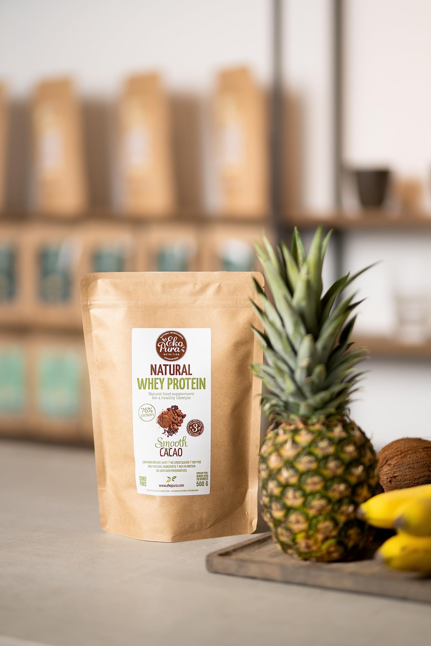 Ekopura Natural Whey Protein - Cocoa - 500g | 76% Protein | 100% Natural Grass Fed Whey| Hormone-Free, GMO-Free, Soy-Free, Additives Free, No Added Sugar | Muscle Growth, Recovery and Retention