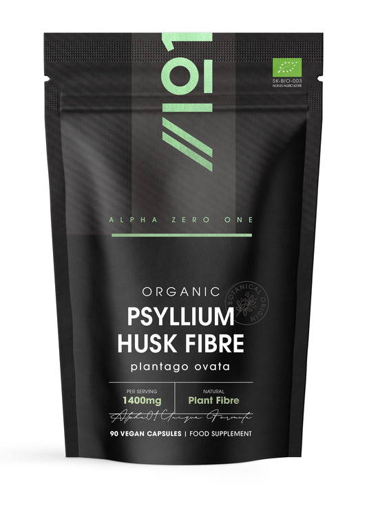 ALPHA01 Organic Psyllium Husk Fibre 1400mg - Natural Prebiotic Fibre Supplement from Raw Plantago Ovata Seeds - 90 Vegan Capsules – Resealable and Recyclable Pouch by Alpha01