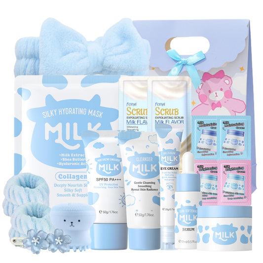 Milk Skincare for Teenage Girls Gifts - Beauty Milk Skin Care Sets & Kits - Nourish Facial Kits for Women with Cleanser,Serum,Cream,Eye Cream,Scrub,5pcs hair Accessories,Gift bag (18pcs)