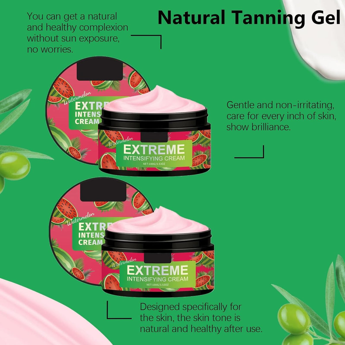 Fashion Base Intensive Tanning Gel - Haute Beauty Skin Care - Fast-Acting Self Tanner for Sunbeds & Outdoor | Natural Bronzing Lotion with Watermelon Scent - Hydrating Formula for Deep Glow