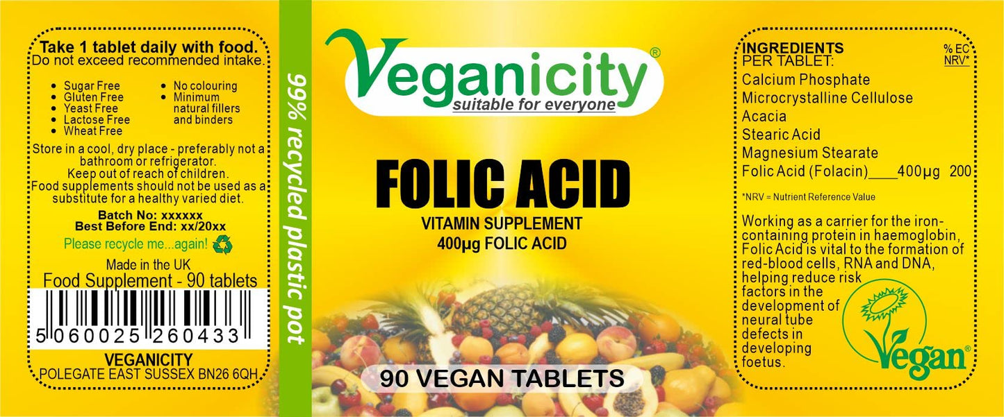 Veganicity Folic Acid 400µg : B Vitamin Supplement - 90 Tablets, in a Planet-Friendly 99% Recycled Pot