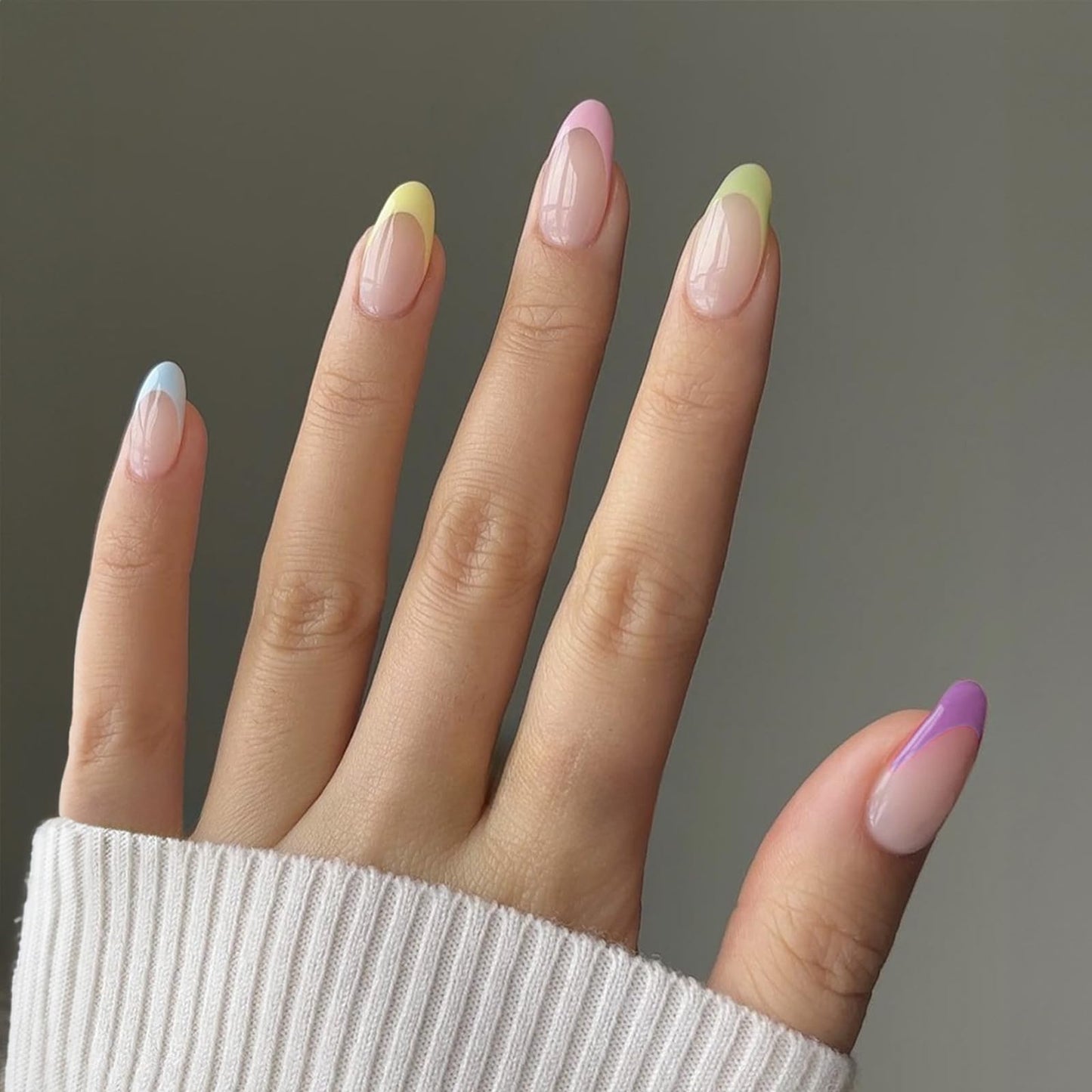 NLFOX Press On Nails Short - French Tip False Nails Almond - 24PCS Rainbow French Summer Fake Nail in 12 Sizes - Reusable Stick on Nails for Women