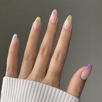 NLFOX Press On Nails Short - French Tip False Nails Almond - 24PCS Rainbow French Summer Fake Nail in 12 Sizes - Reusable Stick on Nails for Women