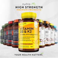 Vitamin D3 3000iu & K2 100ug (MK7) – 120 Vitamin D3 K2 Vegetarian Capsules – Supports Normal Bones, Muscles, Teeth and Immune System – Cholecalciferol & Menaquinone-7 – Made by Nutravita