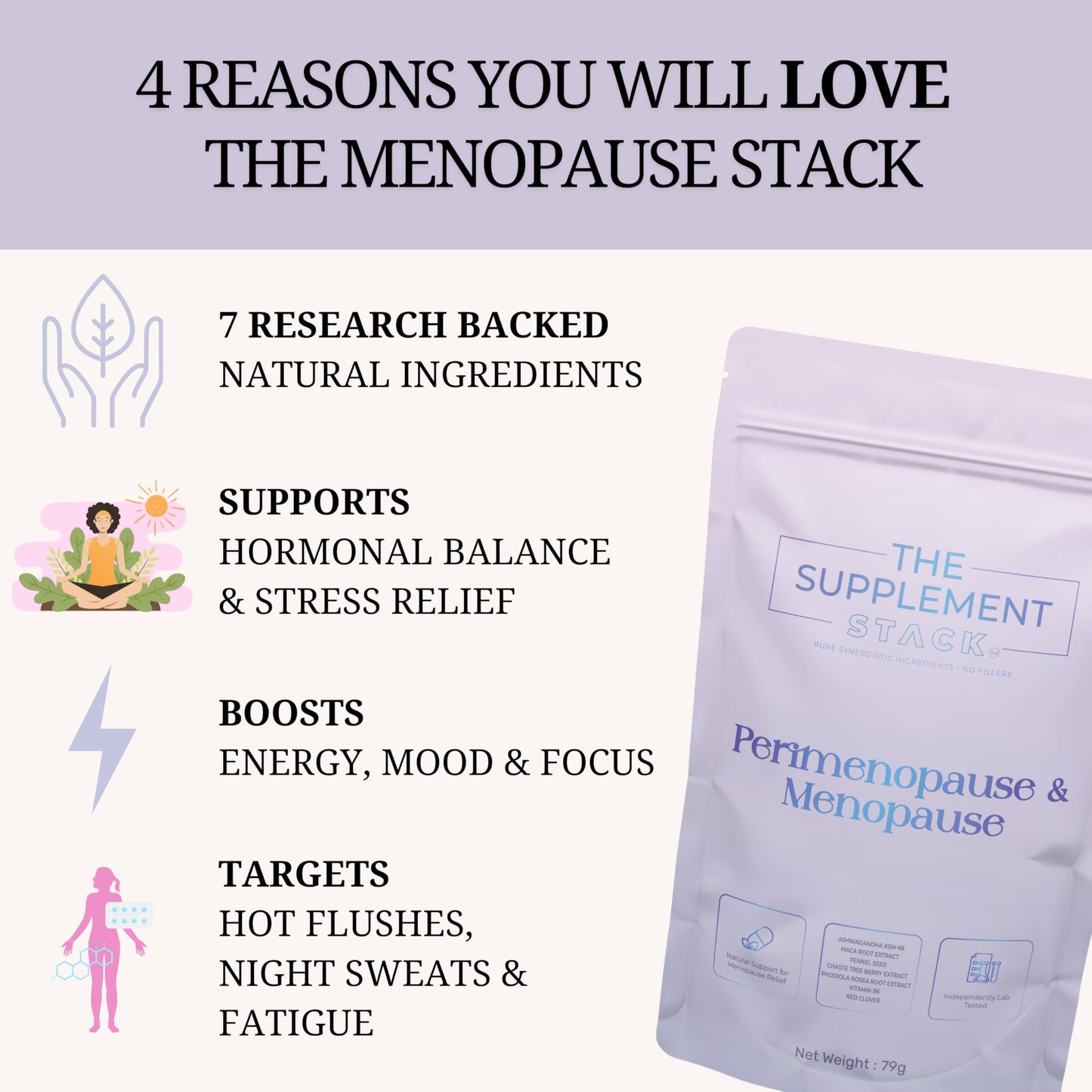 The Supplement Stack - Perimenopause & Menopause - Ashwagandha KSM-66, Maca, Fennel, Chaste Tree Berry, Red Clover & Rhodiola for Hormone Balance, Hot Flushes, Sweats & Mood Support – UK Company