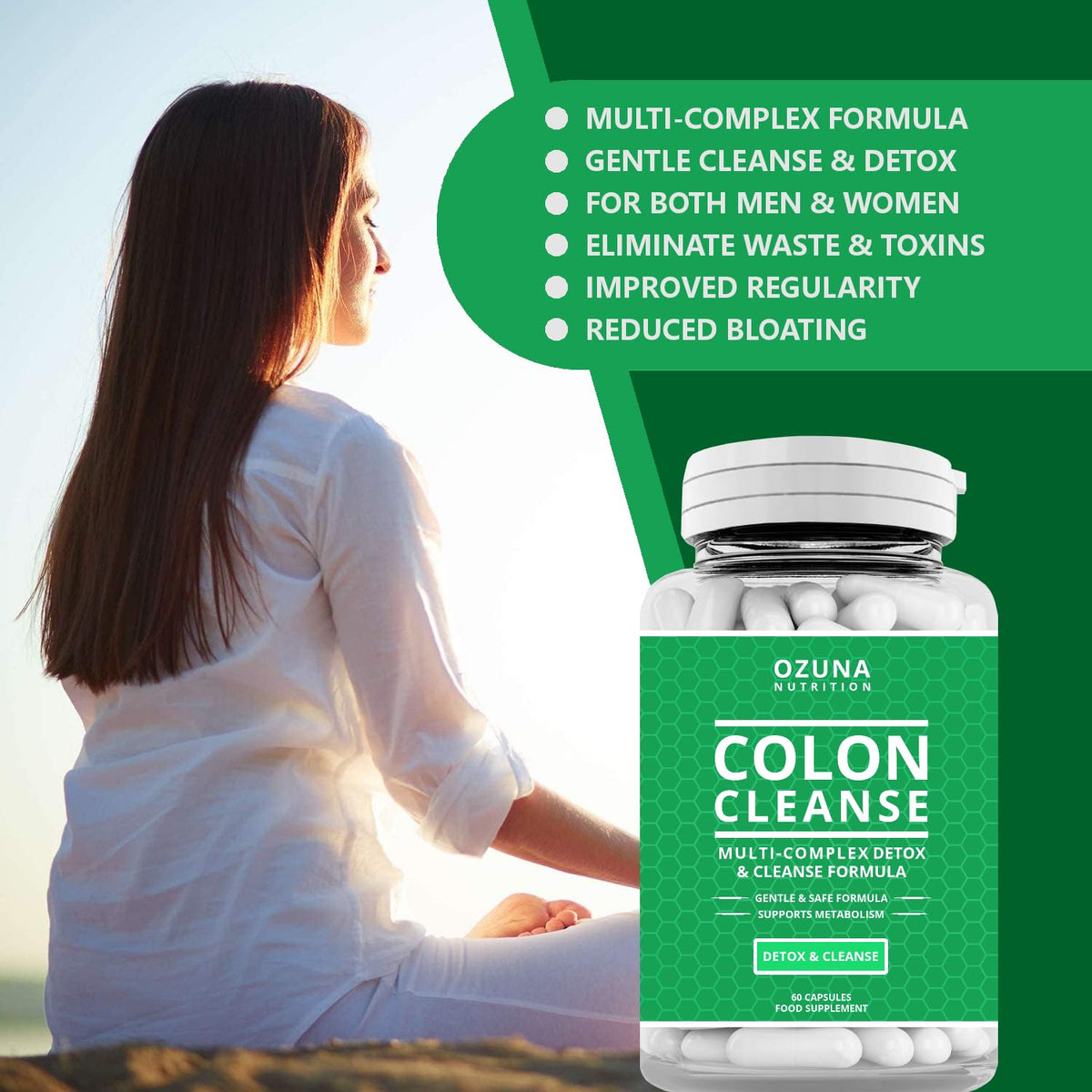 OZUNA NUTRITION Natural Colon Cleanse Detox Capsules – High Strength Multi-Complex for Bowel Cleanse, Constipation Relief, and Reduced Bloating | Supports Digestion & Metabolism | One Month Supply