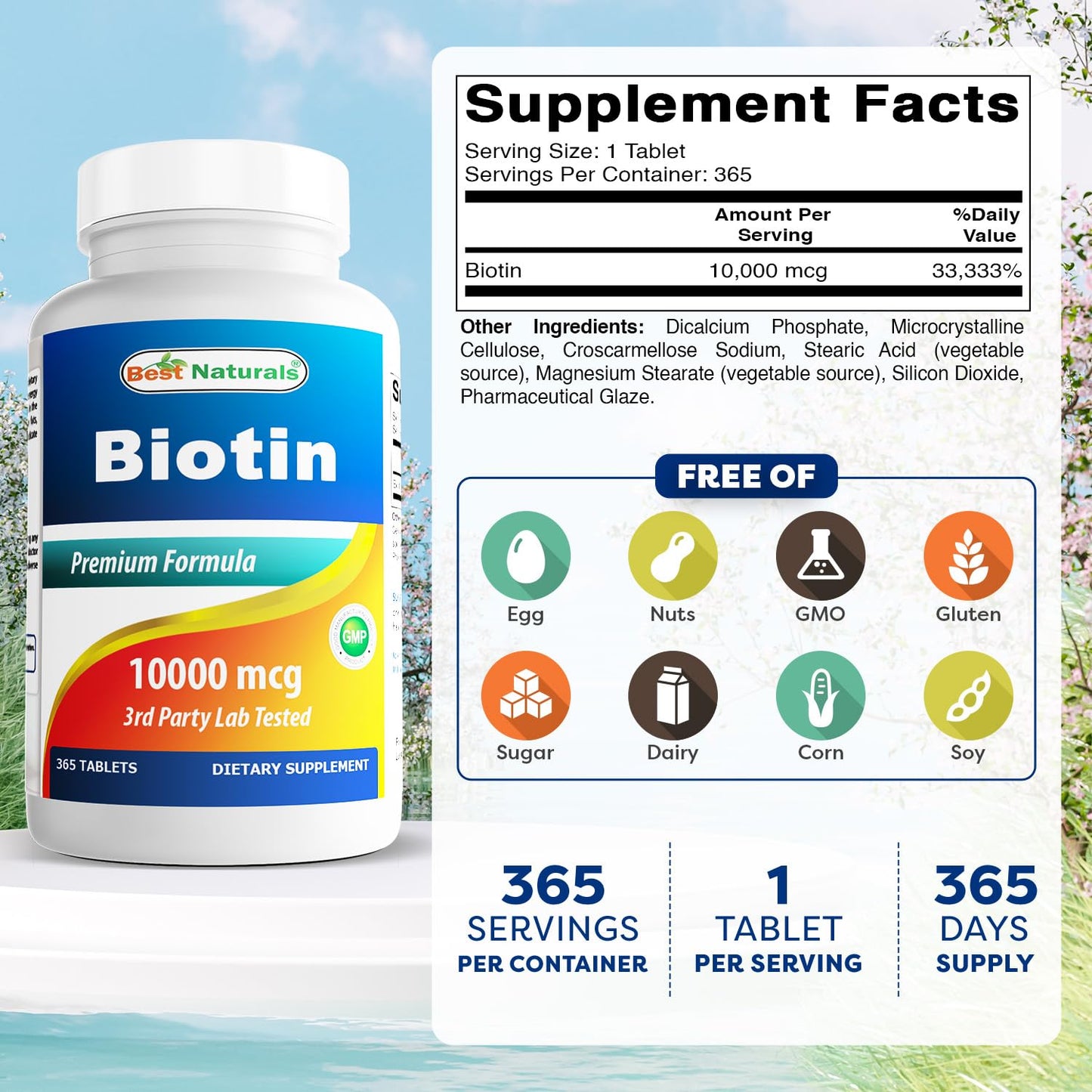 Best Naturals Biotin (Also Called Vitamin B7), 10,000 mcg, 365 Days Supply (1 Year Supply), 365 Tablets (365 Count (Pack of 1))