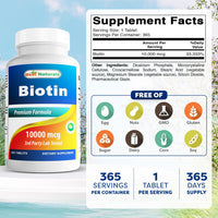 Best Naturals Biotin (Also Called Vitamin B7), 10,000 mcg, 365 Days Supply (1 Year Supply), 365 Tablets (365 Count (Pack of 1))