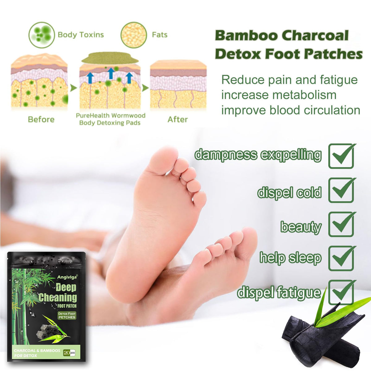 Angivlga Detox Foot Patches, 20 Pcs Deep Cleansing Detox Foot Pads to Remove Deep Cleansing Toxins with Bamboos and Ginger Powder for Stress Relief, Deep Sleep&Enhance Blood Circulation for Sleep Aid