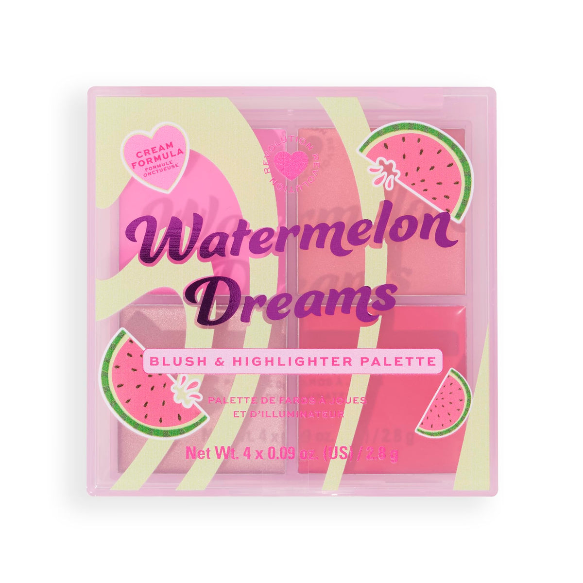I Heart Revolution Watermelon Dreams Blush & Highlighter Quad, Cream Highlighter & Blush Face Palette, Vegan & Cruelty-Free, 2.8g