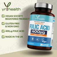 Folic Acid 400 mcg Tablets - 400 Vegan Vitamin B9 Tablets for Women, 13 Month Supply, Folic Acid Pregnancy for Normal Function of Immune System and Maternal Tissue Growth - Made in The UK by YrHealth