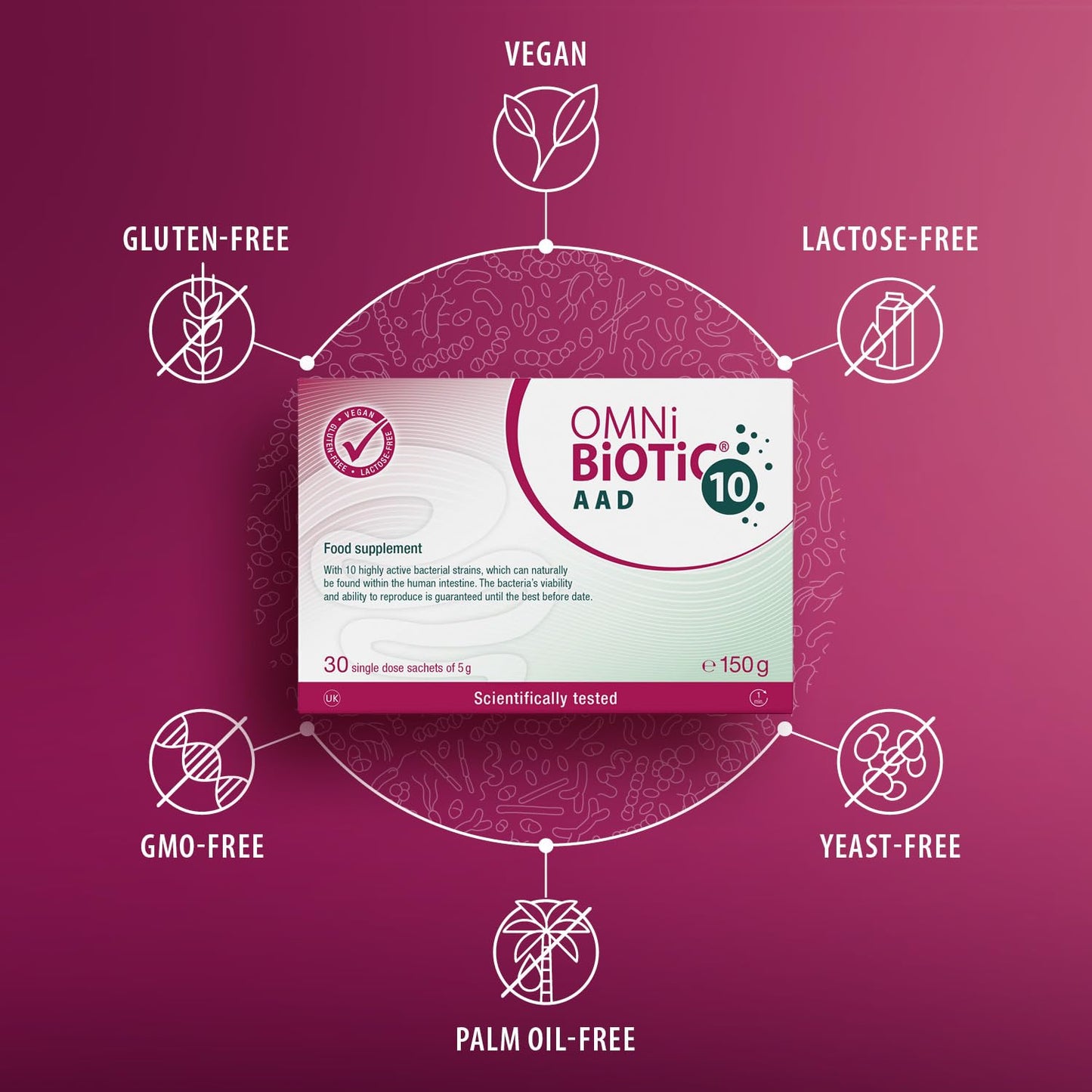 OMNi BiOTiC 10 AAD | Probiotic for Antibiotics | Use During and After Any Course of Antibiotics | 30 Sachets (150 g) | Powder | with Inulin | Vegan | Gluten-Free | Lactose-Free