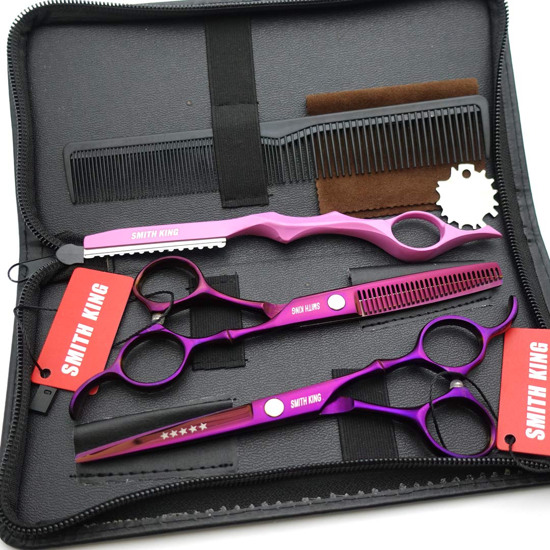 Smith King 6.0 inch Hair Scissors Set Hair Cutting Scissors & thinning Scissors with Razor&Comb in 1 Set (Violet)