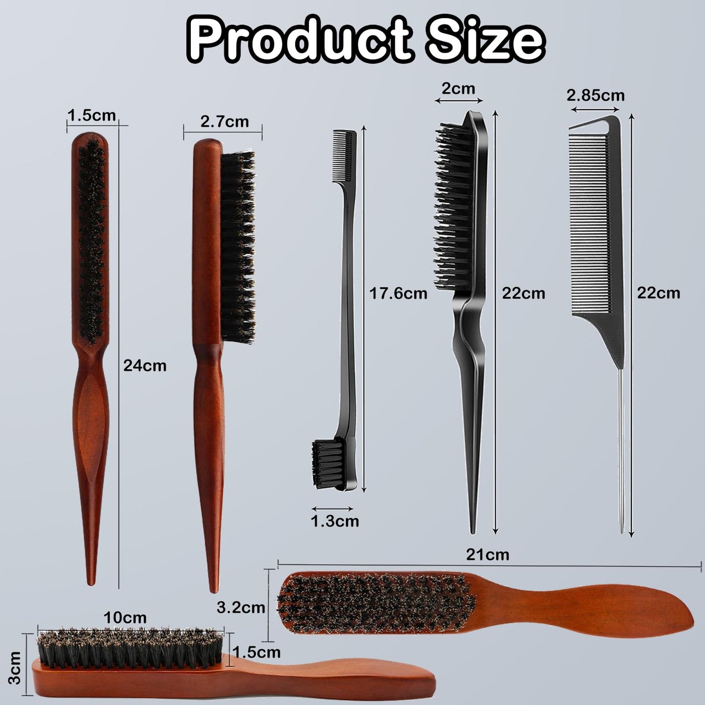 BPTZYLN 5 Pcs Slick Back Hair Brush Set - Smoothing Boar Bristle Brush for Hair and Beard - Backcombing and Sleek Styling