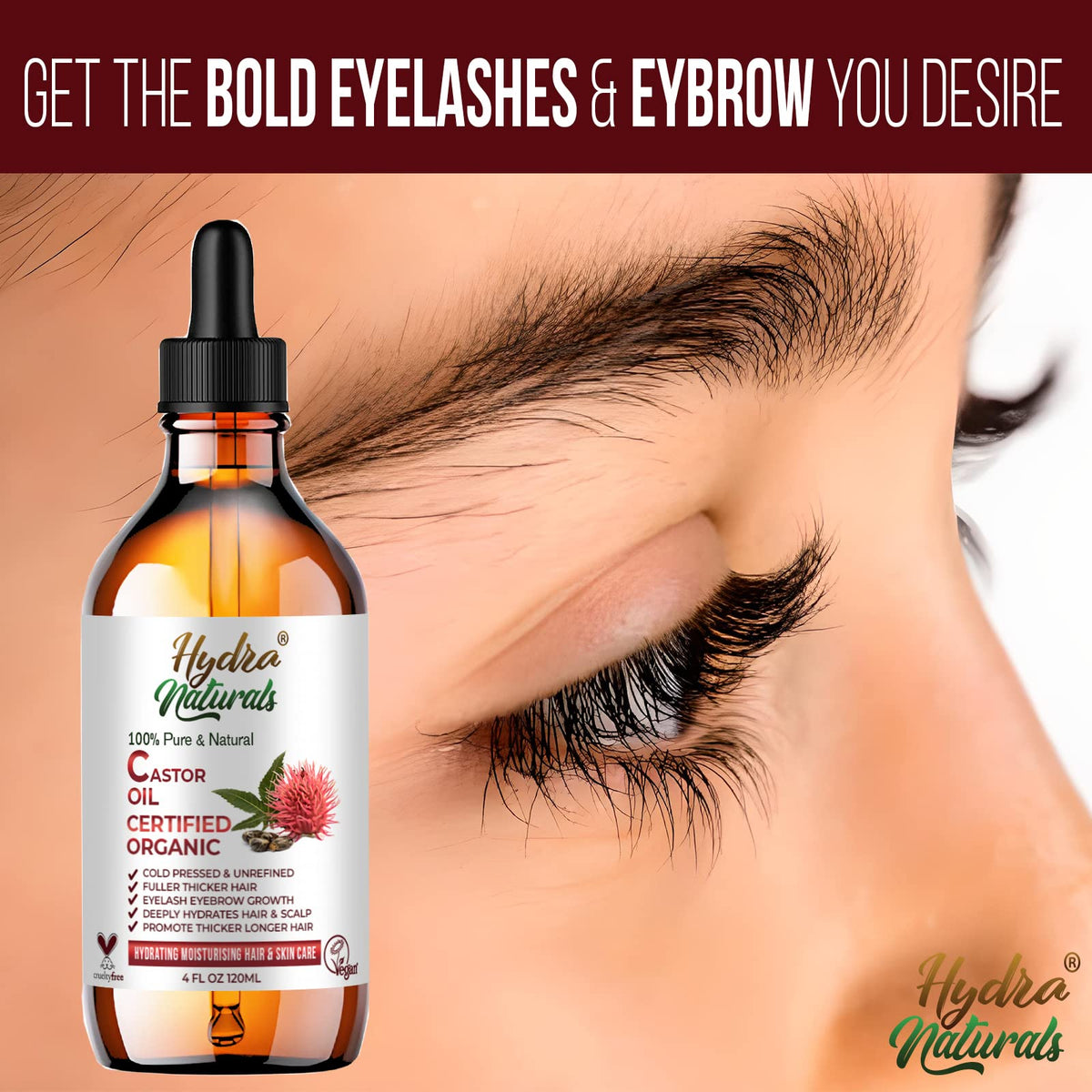 Hydra Naturals 100% Pure - Cold Pressed, Premium Quality, Organic Castor Oil 50ml - Promotes Hair, Eyebrow and Eyelash Growth - Diminishes Wrinkles and Signs of Aging - Hydrates and Nourishes Skin