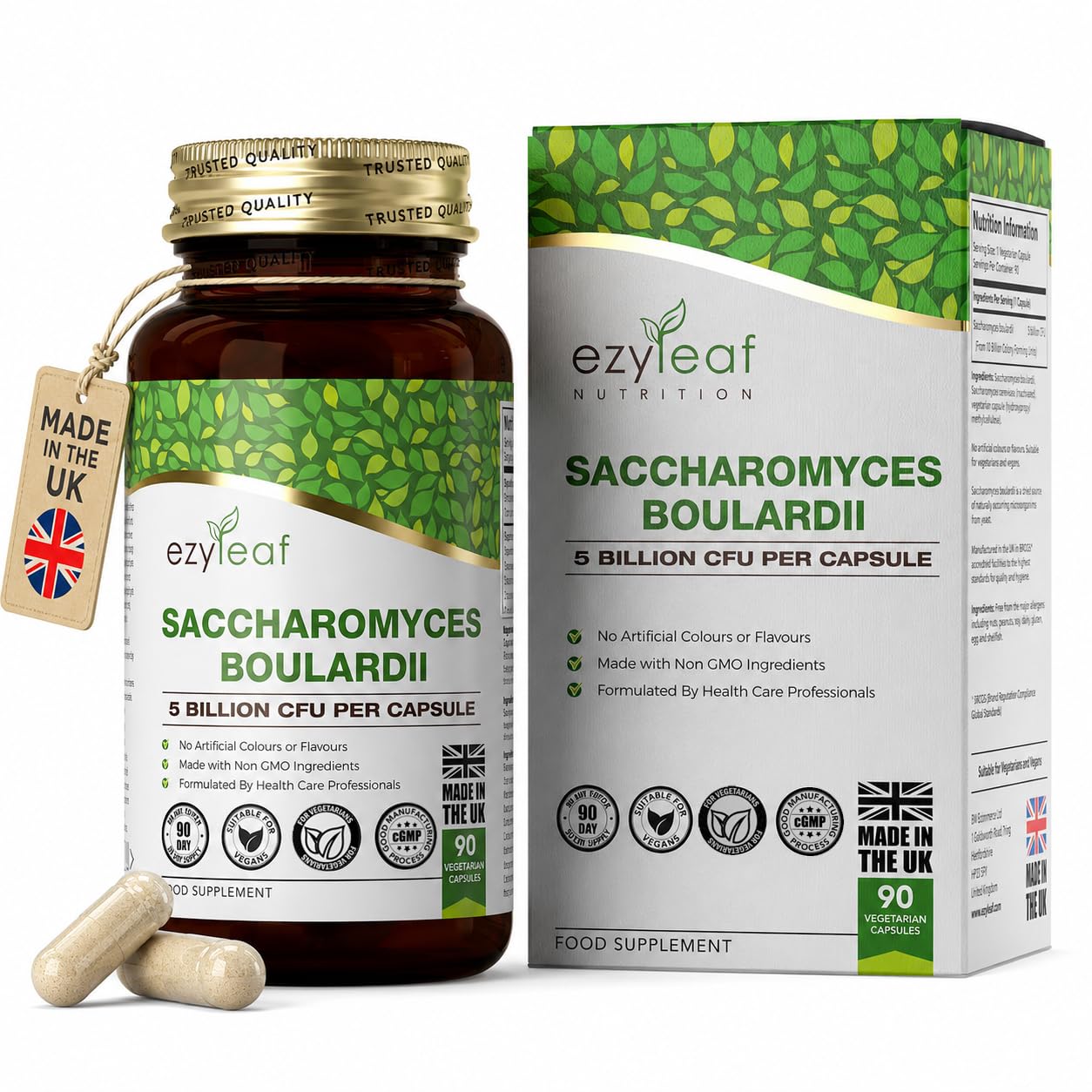 Ezyleaf Nutrition EZ Saccharomyces Boulardii [5 Billion CFU] | 90 Vegan Capsules | Supplement | S. Boulardii with Clean Fillers | ISO Certified, Non-GMO, Gluten & Allergen Free