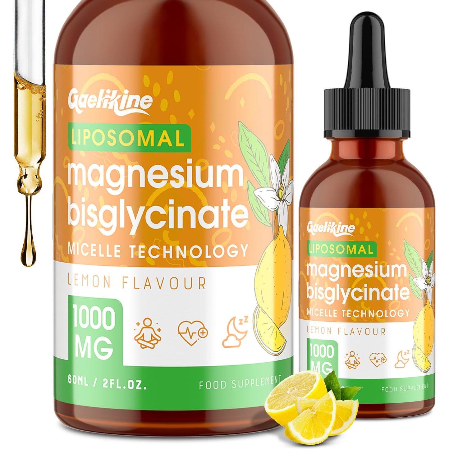 Magnesium Bisglycinate Drops 1000mg – High Absorption Liquid Magnesium Glycinate with Liposomal Micelle Technology, Gentle & Stomach-Friendly Formula, Lemon Flavour, Vegan, 60ml