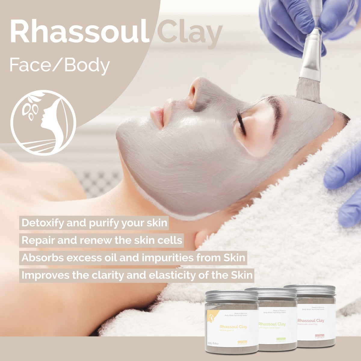 Fatima's Garden Rhassoul Clay, 100% Natural Moroccan Ghassoul Clay Powder for Face, Hair & Hammam; enriched with Argan and 6 herbs, cleansing & softening & purifying for hamam-8.8oz / 250gr