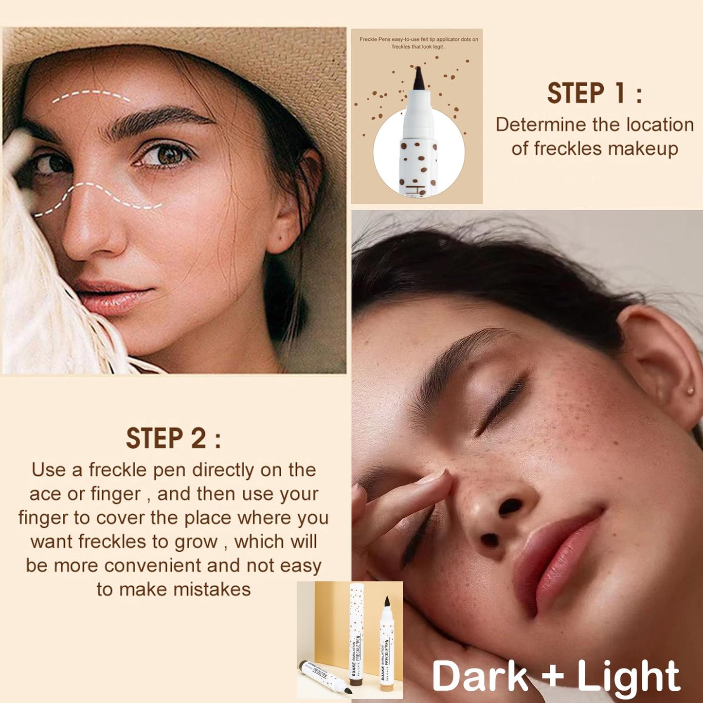 HAORQEE Freckle Pen Freckle Tint Set, 2 Colors Fake Freckles Makeup Pen Natural Lifelike Long-Lasting Waterproof Freckle Stamp for a Natural Sun-Kissed Makeup(Light Brown + Dark Brown)