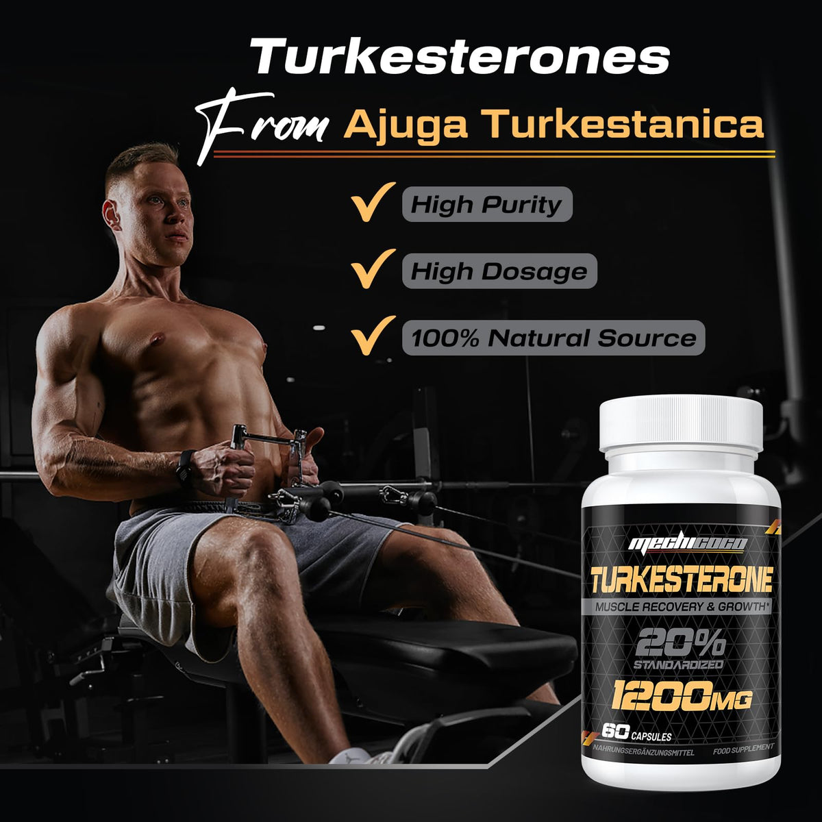 Mechicoco Turkesterone Supplement 1200mg Ajuga Turkestanica Extract - High Strength, Standardized to 20% Turkesterone, Muscle Growth & Strength - Vegan, Free from Soy, Additives