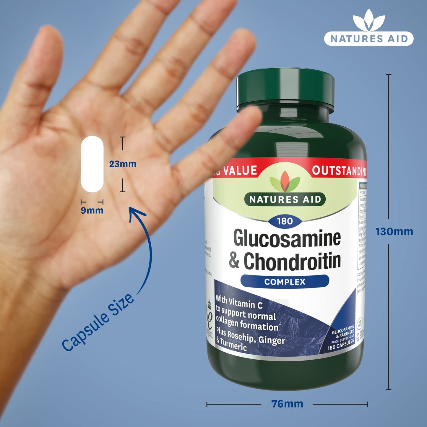 Natures Aid Glucosamine and Chondroitin Complex, with Vitamin C, Rosehip, Ginger and Turmeric, 180 Capsules