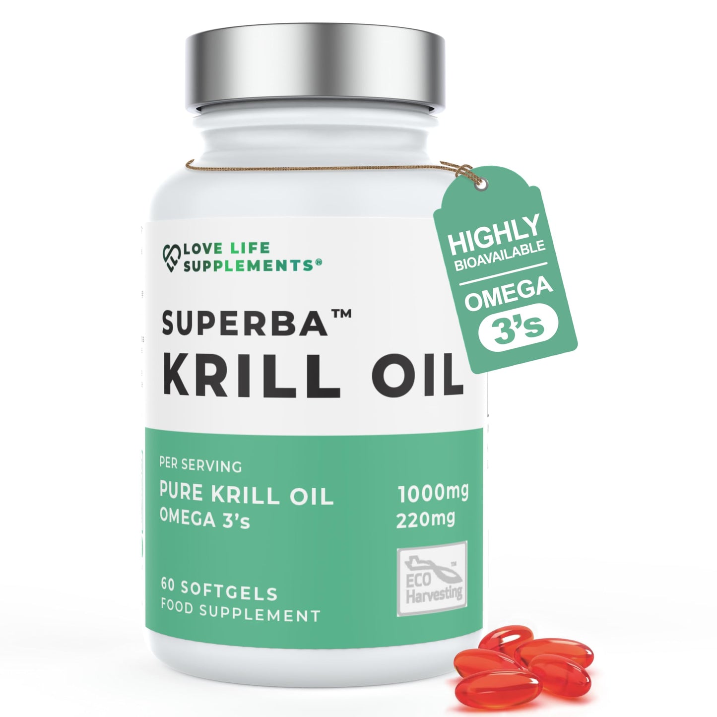LOVE LIFE SUPPLEMENTS Krill Oil Omega 3 Capsules High Strength 1000mg | Sustainably Fished in Antarctic | 60 Red Softgels | Joint Care Supplements | with Powerful Antioxidant Astaxanthin and Phospholipids for Absorption