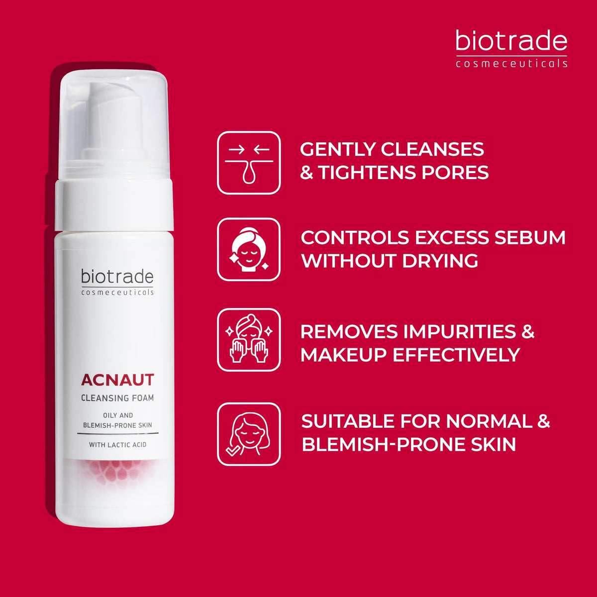 BIOTRADE Biotrade Acnaut Acne Cleansing Foam with Lactic Acid – Gentle Foaming Cleanser Face Wash for Oily & Blemish Prone Skin – Unclogs Pores & Reduces Breakouts – 150mL