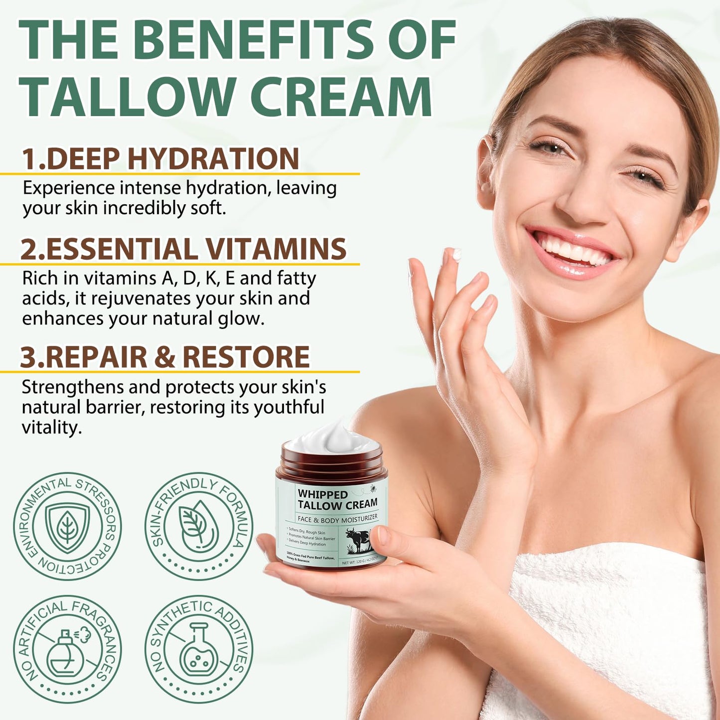 Generic Whipped Tallow & Honey Balm, 100% Grass Fed Beef Tallow for Skin Care, 2-In-1 Face Cream And Body Lotion For Dry, Damaged, Or Sensitive Skin Care, 120g/4.2 oz