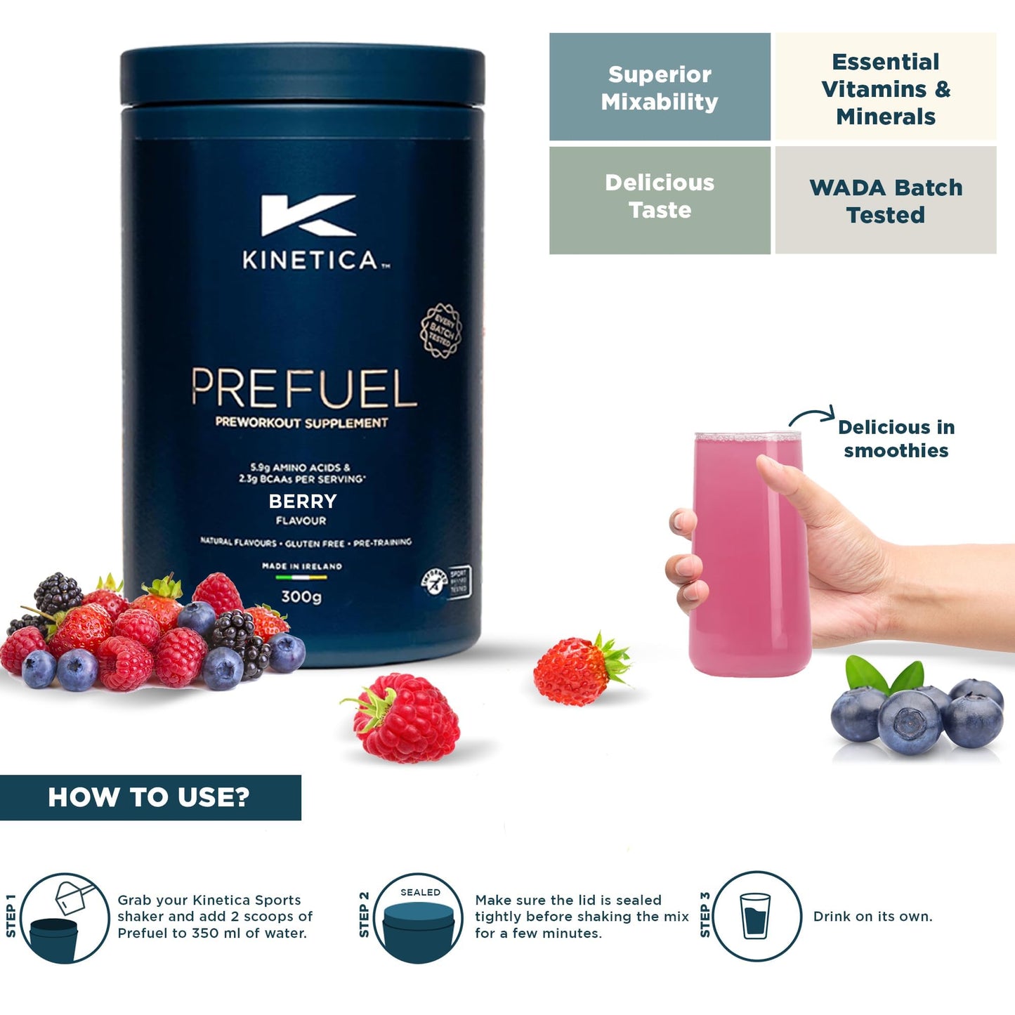 Kinetica Sports Prefuel Pre Workout -Berry Flavour | 5.8g Amino Acids Blend, 2.25g BCAA's & 94mg Caffeine/Serve, 30 Servings/300g| With Essential Vitamins, Minerals|Supports Performance & Energy Boost