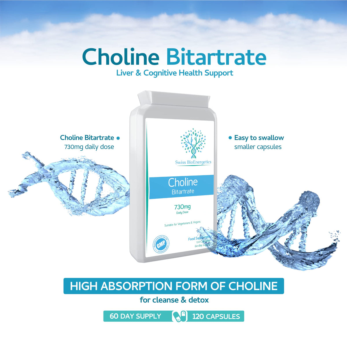 swiss bioenergetics Choline Bitartrate 730mg Daily Dose, 120 Vegan Choline Supplement Capsules - UK Made Support for Healthy Liver Function and Fat Metabolism