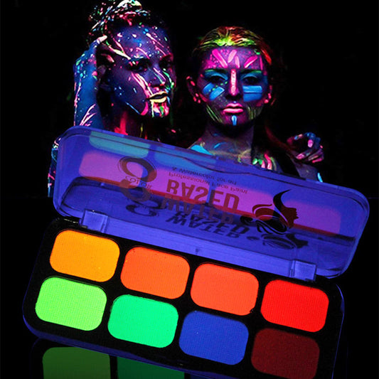 XINCHIA 8Colors UV Glow Neon Face and Body Painting Palette Set Fluorescent Halloween Cosplay Body Art Party Fancy Make Up Face Paint Blacklight Glow Safe Body Paint Non-toxic Pigment for Halloween Carnival