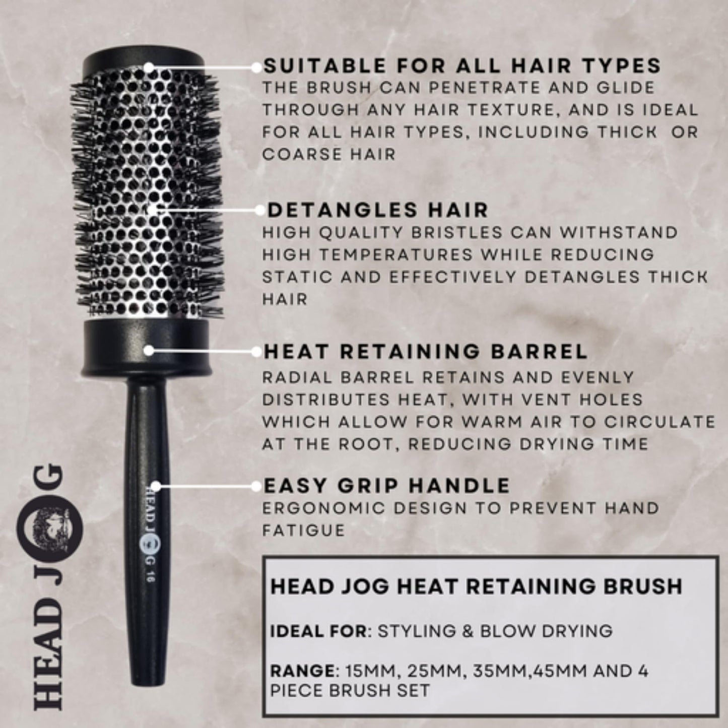 Head Jog Heat Retainer Hair Brush. Black & Silver Styling Round Hairbrush With Metal Barrel For Fast Drying. Round Vent Brush For Styling, Blow Drying, Straightening & Curling. (70mm)