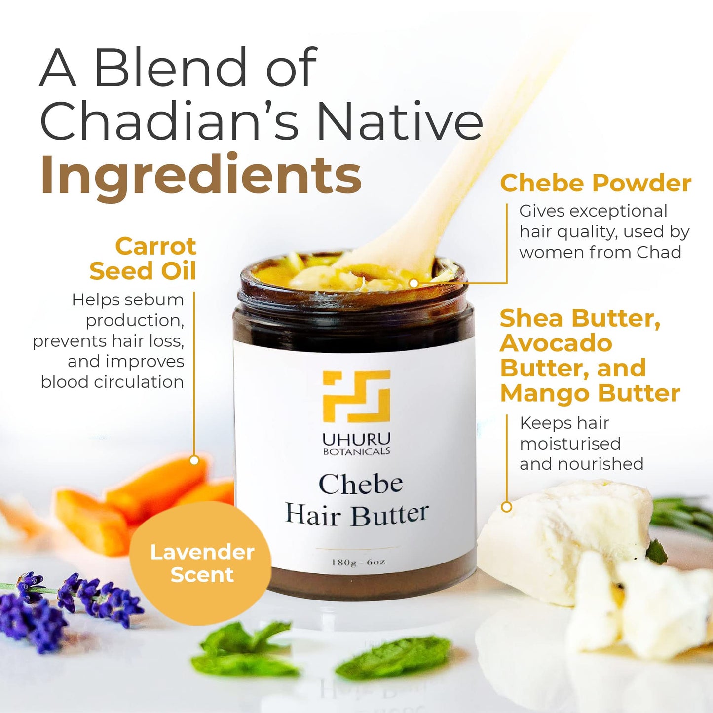 Uhuru Botanicals - Chebe Hair Butter, Paraben Free, Shea Butter Free for Split Ends Treatment, Nourishing Vegan Hair Butter for All Hair Types, 6 oz