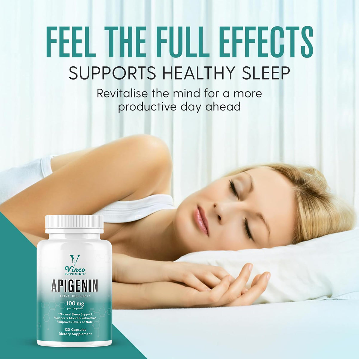 Vinco Supplements Vinco Apigenin 100mg Supplement - 120 Sleep Capsules for Better Relaxation, 99%+ Pure Natural Formula - NAD Booster, Apigenin Sleep Supplements, Natural Sleep Aid for Adults - Made in the UK