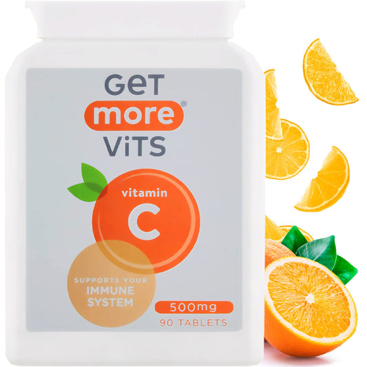 Get More Vits - Vitamin C 500mg Tablets (90 Tablets), Promotes Stronger Immune System, Strengthens Body's Natural Defences, Supports Faster Iron Absorption, Food Supplement, Vegetarian, Vegan