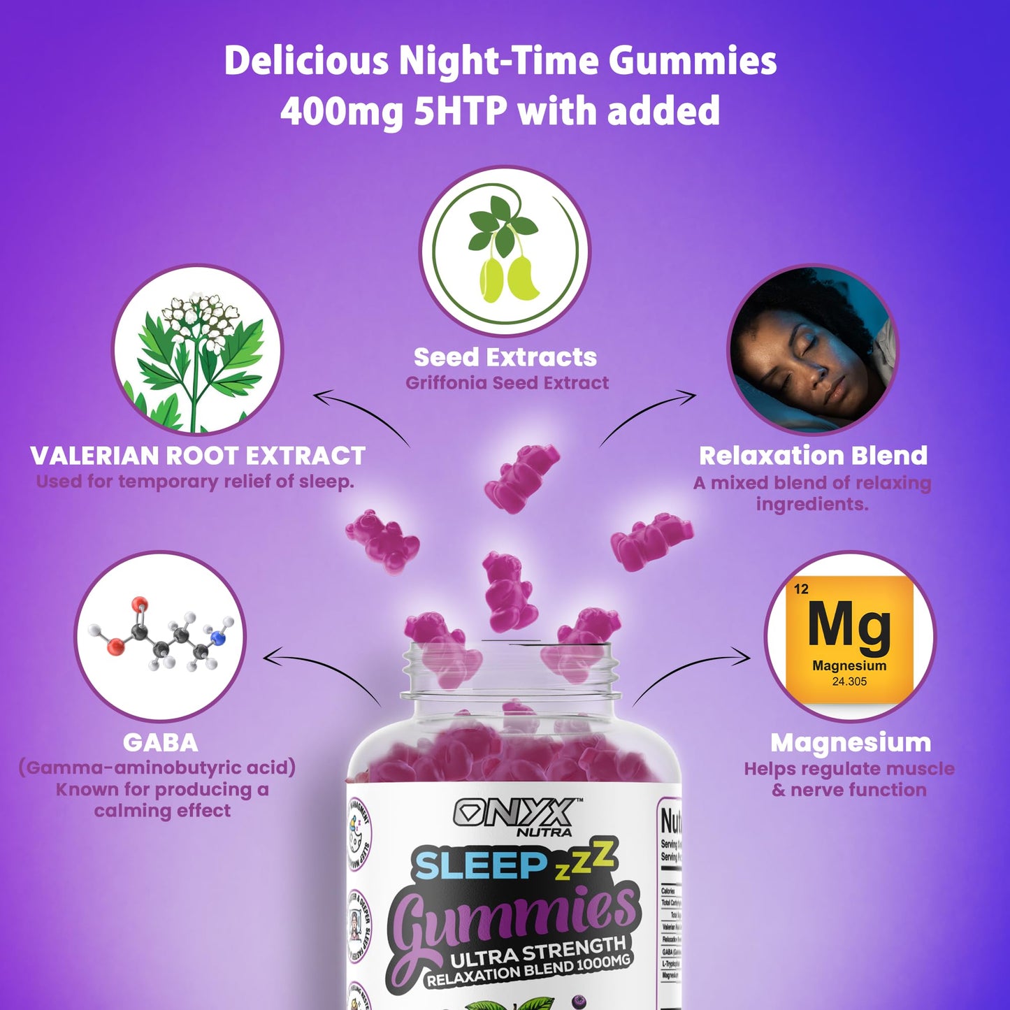 ONYX NUTRA Sleep Gummies with Magnesium | Blueberry Dreams Flavour | Night Bedtime Support | Vegan Chewable Gummys (1)