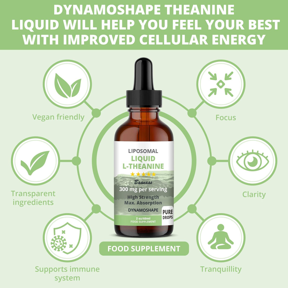 baanaas For Babies to Nanas LIPOSOMAL Liquid L-Theanine Drops for Stress Relief, Relaxation, Focus Without Drowsiness with MAX Absorption, 350mg per Serving