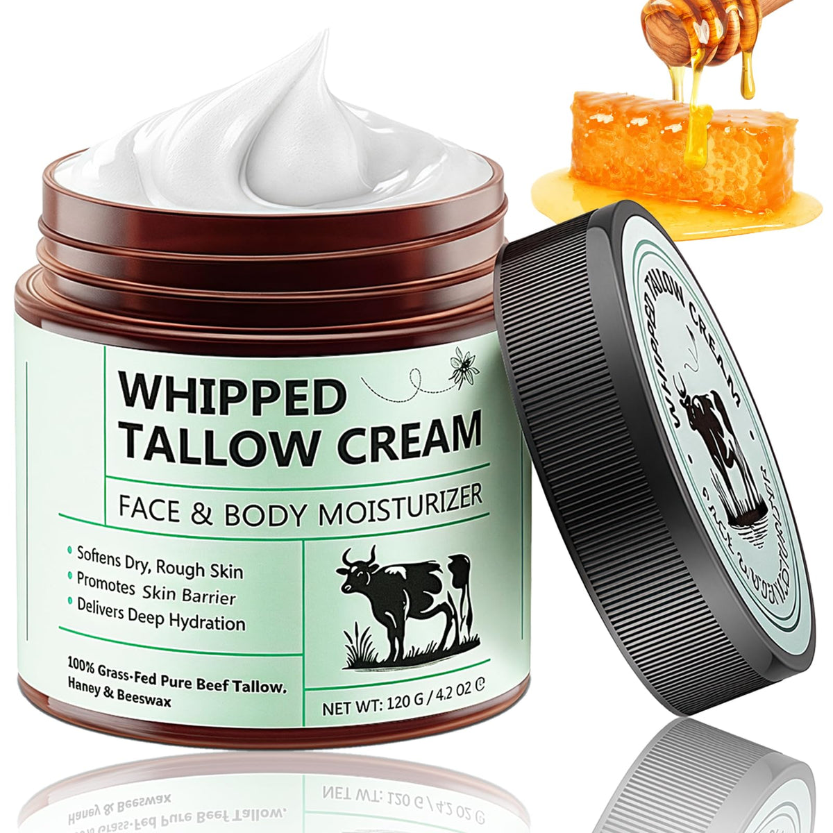 Wormeer Beef Tallow for Skin Care 120g, Honey Balm, Beef Tallow Moisturiser, Grass-Fed Whipped Face Cream with Raw Honey, Deep Hydration for Women