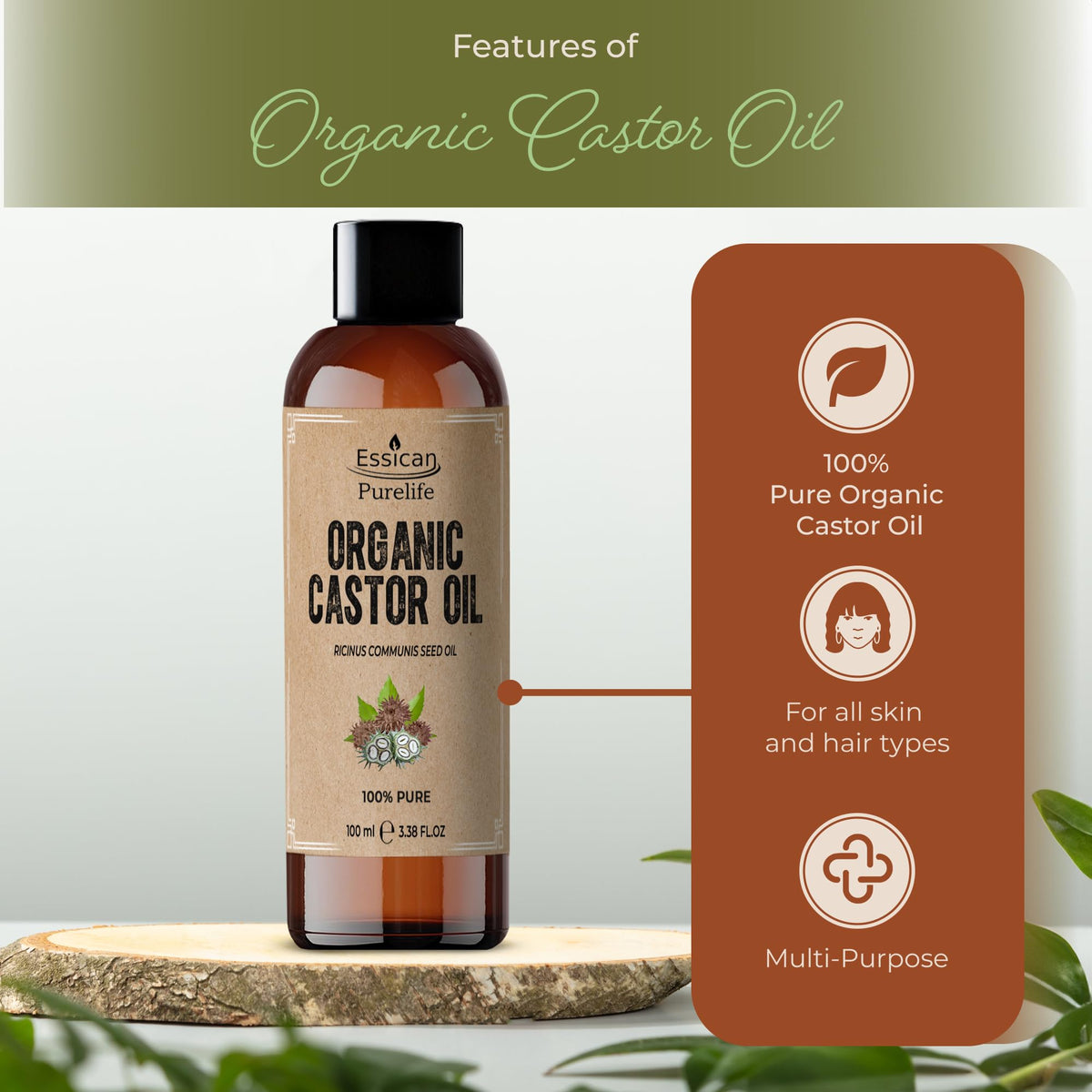 Essican Purelife Organic Cold Pressed Castor Oil for Hair Growth 100ml, Pure Organic Castor Oil for Eyelashes, Skin Moisturiser, Eyebrow Oils Enhancement - Ideal for Body, Nails & Beard Cruelty-Free