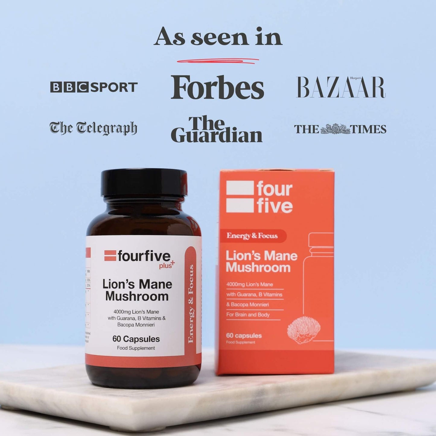 fourfive Lions Mane Mushroom Supplement (4000mg) Energy & Focus Blend with Vitamin B5, Support Brain Function, Focus & Energy - 60 Capsules