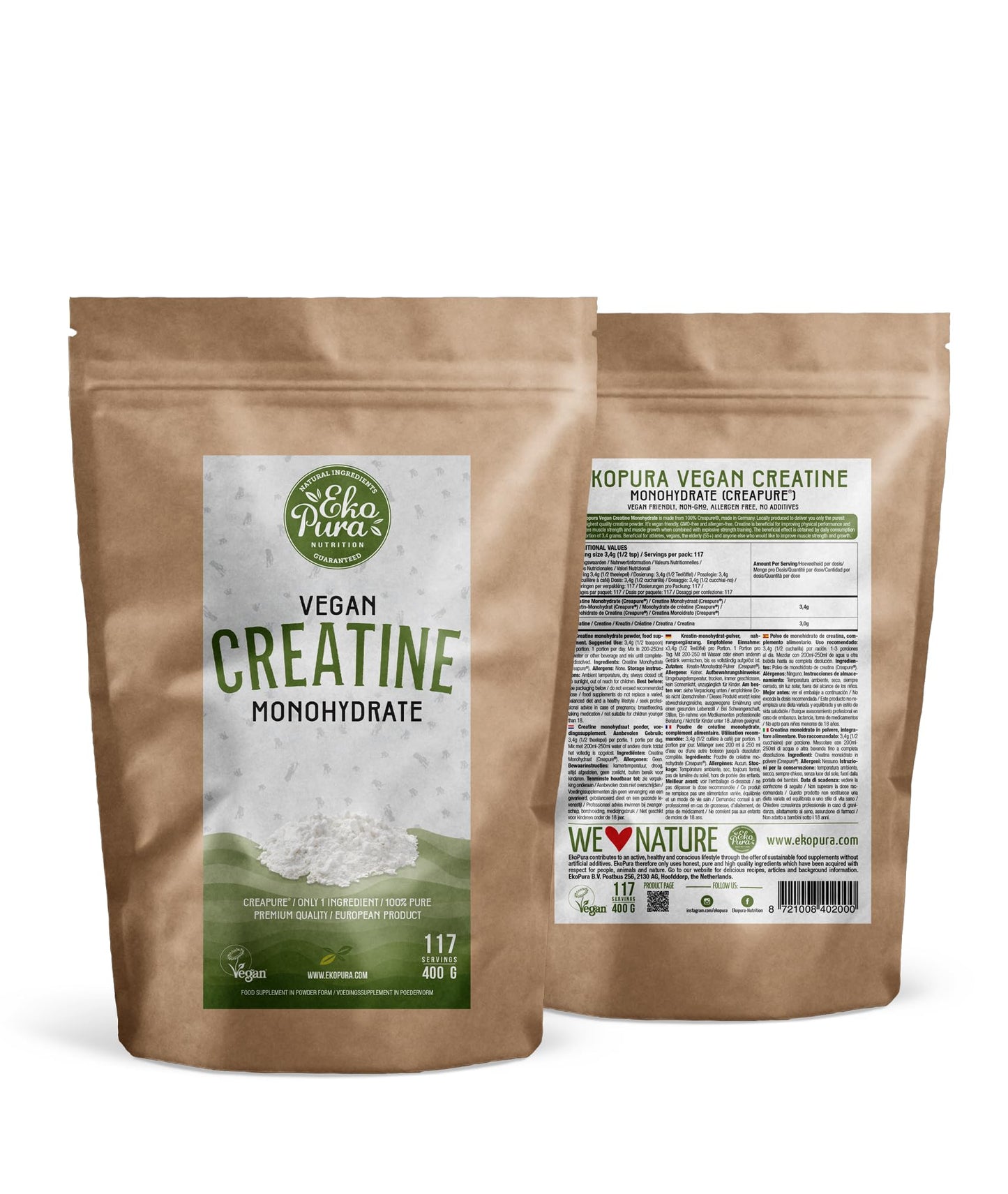 Vegan Creatine Monohydrate (Creapure®) by Ekopura | European Product, 100% Pure and Clean | 400g, 117 Servings