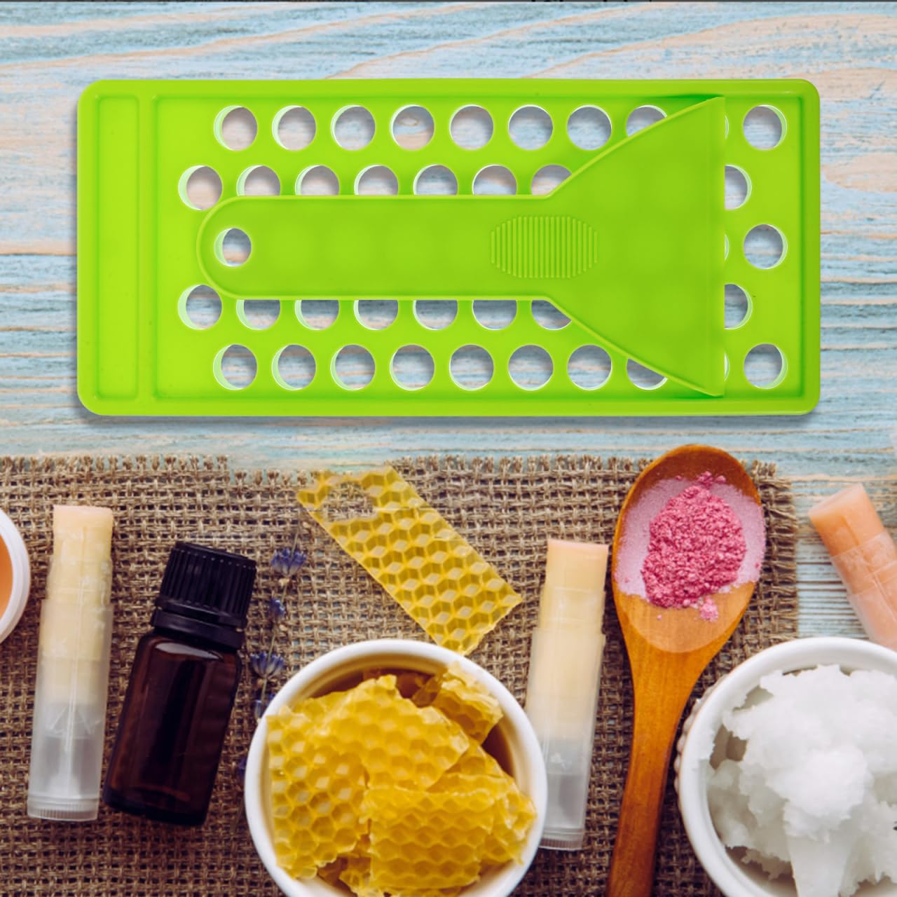 Lurrose Lip Balm Crafting Kit 50 Holes Filling Tray and Spatula Lip Balm Tubes Filling Tray for Diy Lipstick Gloss and Homemade Projects