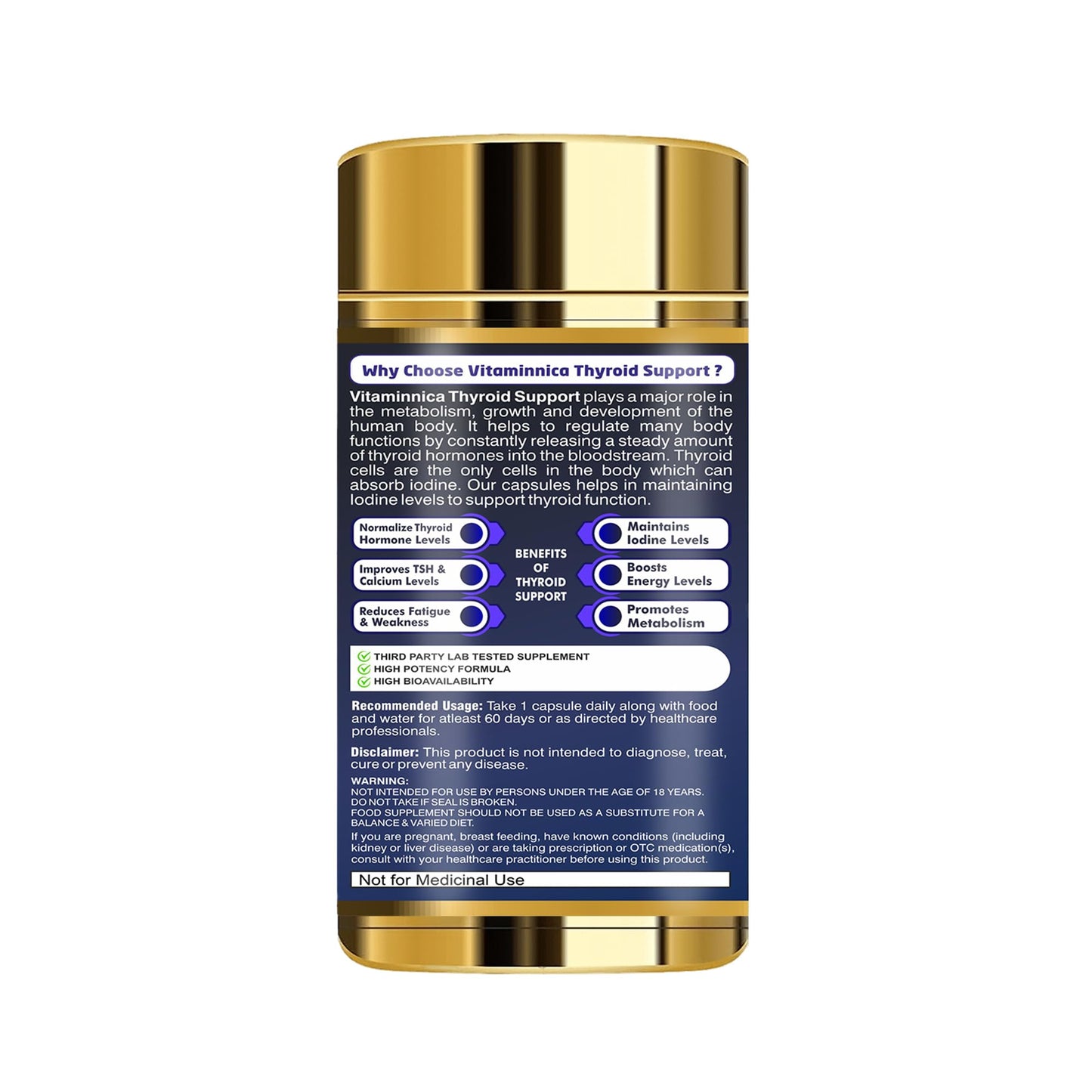 Vitaminnica Because your Health Matters Vitaminnica Thyroid Support - Supplement for Women and Men - Energy & Focus Formula - Vegetarian & Non-GMO - Iodine, Vitamin D3 Complex, Zinc, Selenium, Ashwagandha, Copper- 2 Months Supply