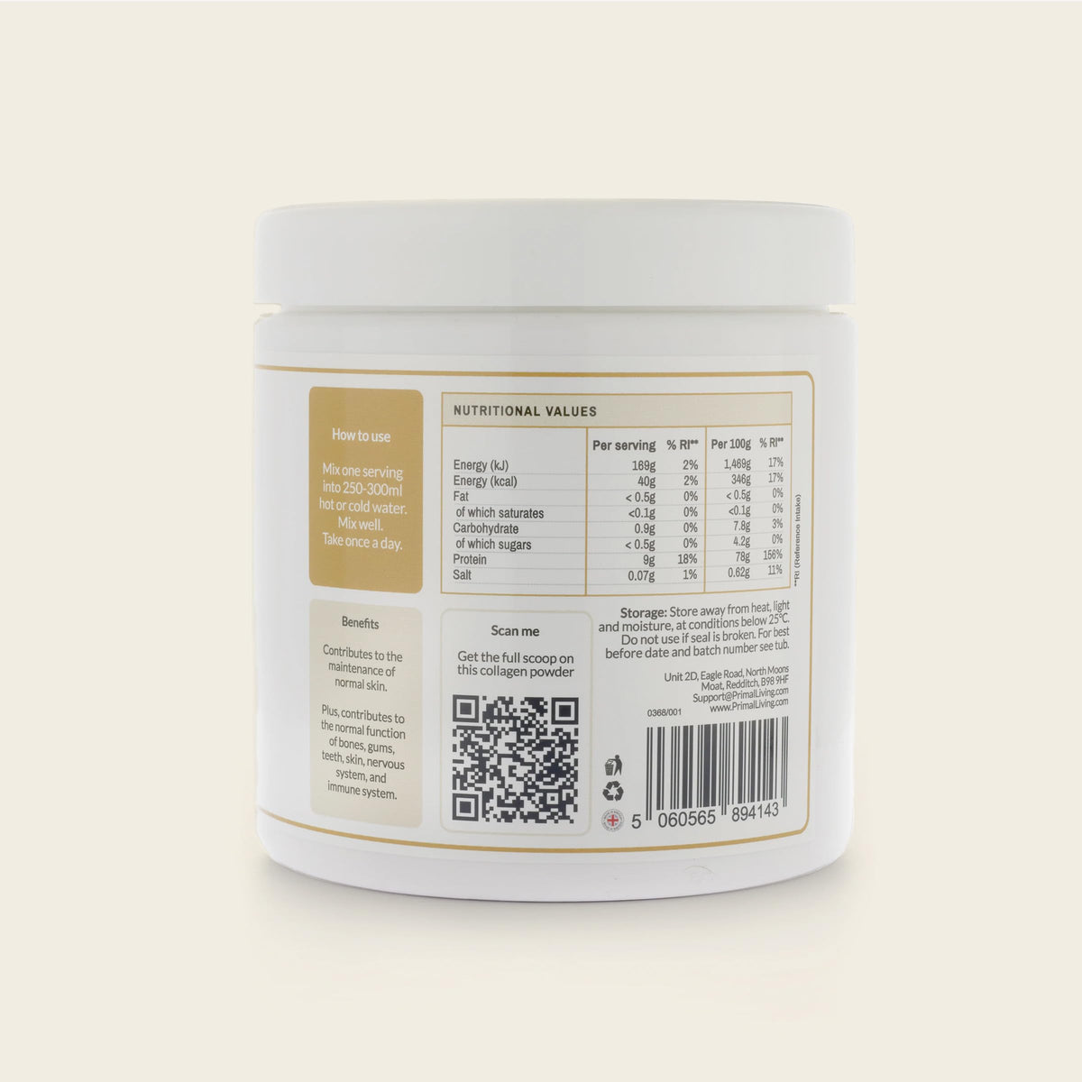 Primal Living Collagen Beauty Powder – 345 g, 30 Day Supply, Daily Bovine Collagen for Skin Elasticity, Hair & Nail Strength, Joint Support – No Added Sugar, Natural Berry Flavour