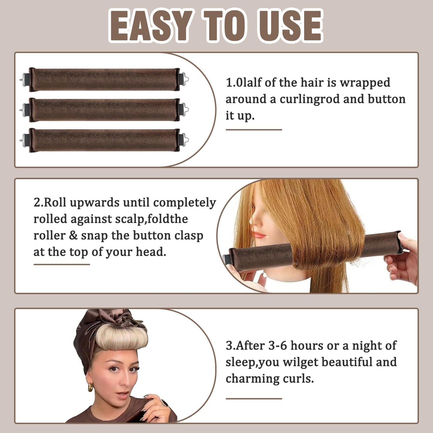 ExcellaElite 3Pcs Heatless Blowout Rods,Overnight Blowout Rods for Long Hair,Heatless Curling Rod No Heat for All Hairs,Heatless Rods,Sleeping Lazy Curler Set,for DIY Hair Styling Tools (Brown)