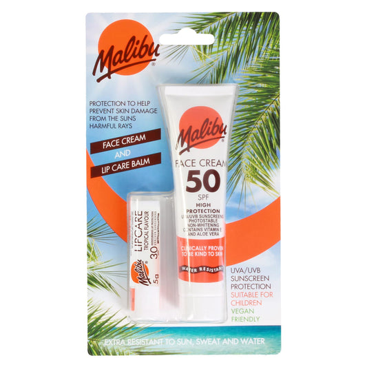 Malibu Sun Duo Pack, SPF 50 Face Cream Sunscreen and SPF 30 Lip Balm Protection, Water Resistant, 2 Piece, 40ml and 5g